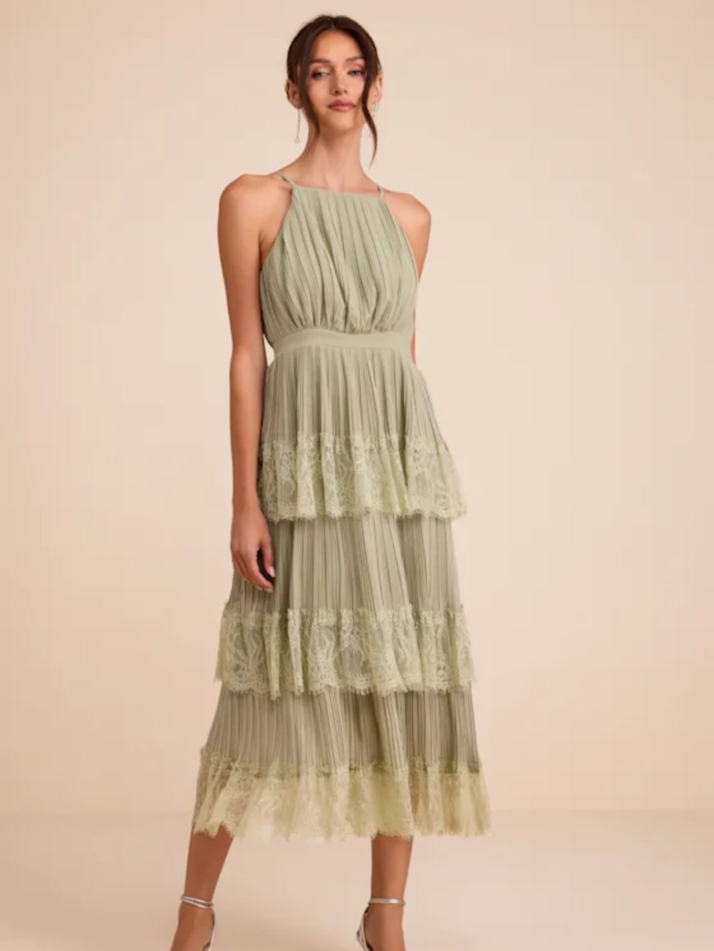 Lulus Came For Cocktails Sage Green Pleated Tiered Lace Dress